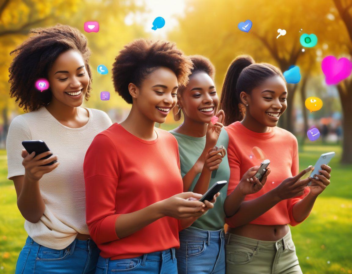 A vibrant scene depicting a diverse group of friends joyfully connecting through their unlocked phones, surrounded by colorful symbols of communication like chat bubbles, Wi-Fi signals, and heart emojis. The background features a sunny urban park, enhancing the feeling of connectivity and happiness. The devices showcase various brands symbolizing superior unlocking services. super-realistic. vibrant colors. sunny background.