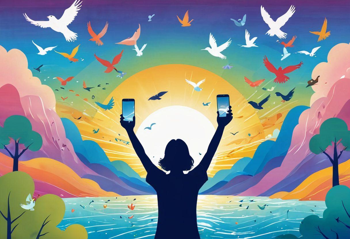 A person joyfully releasing a smartphone into the sky, surrounded by vibrant illustrations of nature like trees, birds, and flowing water, symbolizing freedom and liberation from technology. The background should incorporate an uplifting sunrise, signifying new beginnings, with soft, pastel colors that evoke happiness and tranquility. vector art. vibrant colors.